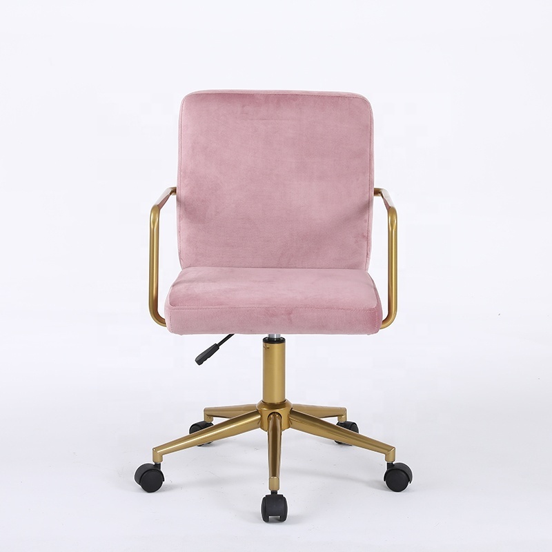 Modern Home soft velvet upholstery Pink Office Desk Chair High Back Adjustable Computer Chair with Gold Arms Base and Wheels