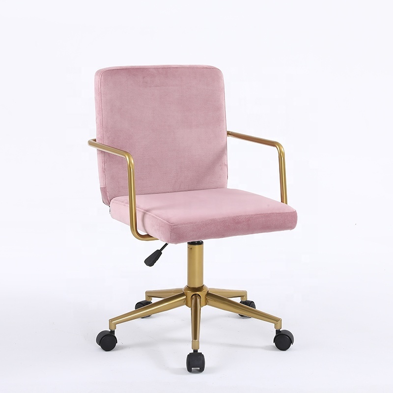 Modern Home soft velvet upholstery Pink Office Desk Chair High Back Adjustable Computer Chair with Gold Arms Base and Wheels