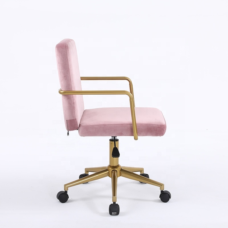 Modern Home soft velvet upholstery Pink Office Desk Chair High Back Adjustable Computer Chair with Gold Arms Base and Wheels