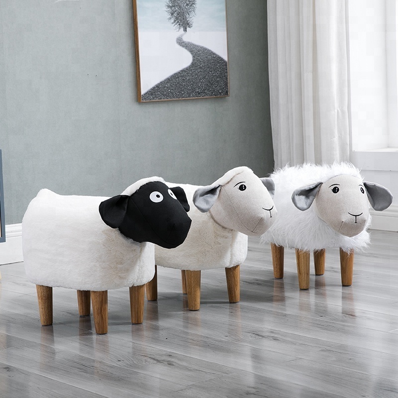 Modern Home decor white sheep storage wooden kids animal stool velvet ottoman stools garden stool