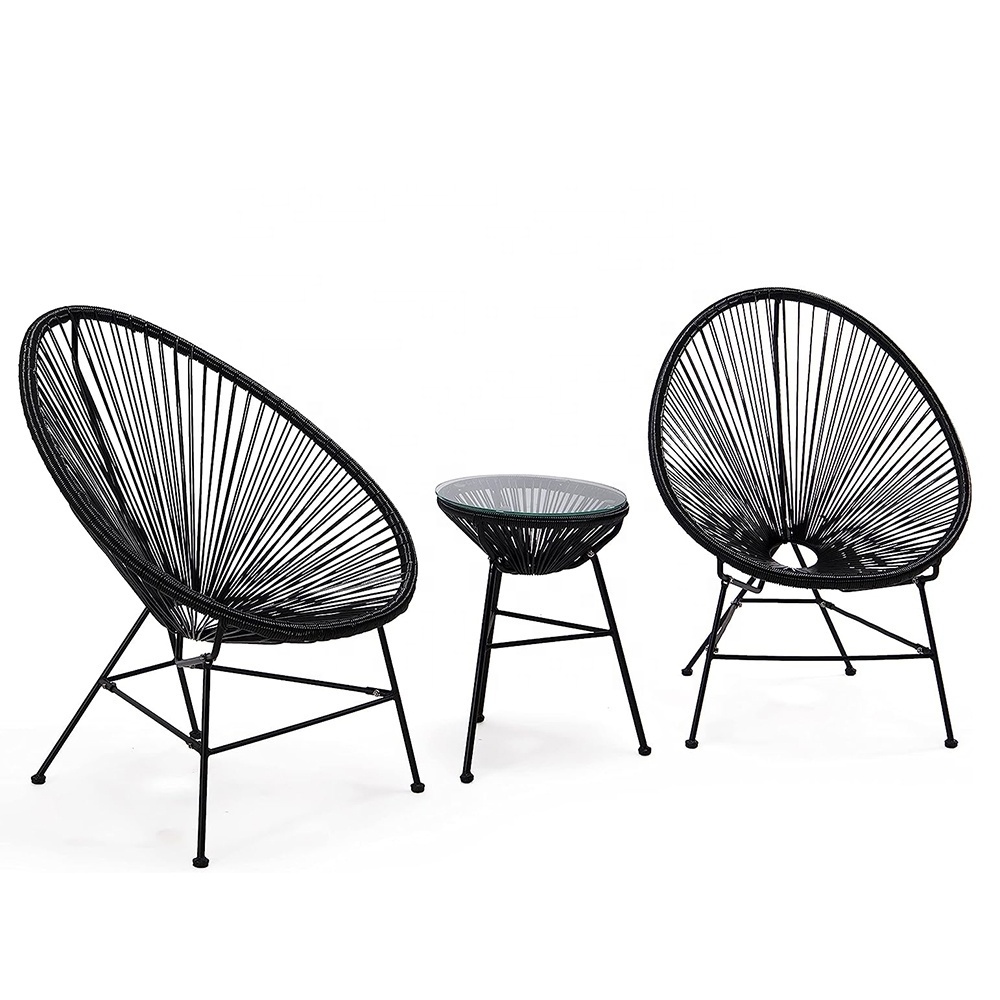 Bistro Set Egg String Chair Table Glass Top Table and 2 Chairs Outdoor Balcony Garden Set Black