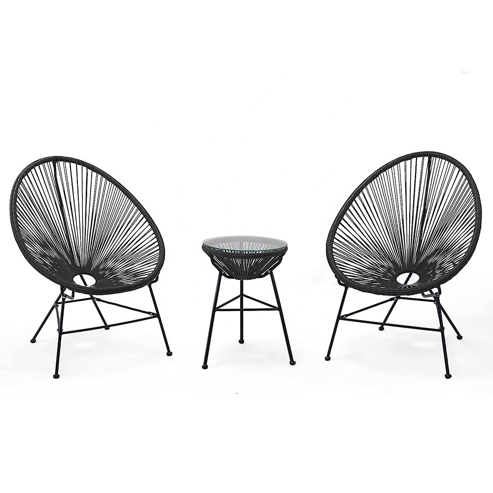 Bistro Set Egg String Chair Table Glass Top Table and 2 Chairs Outdoor Balcony Garden Set Black