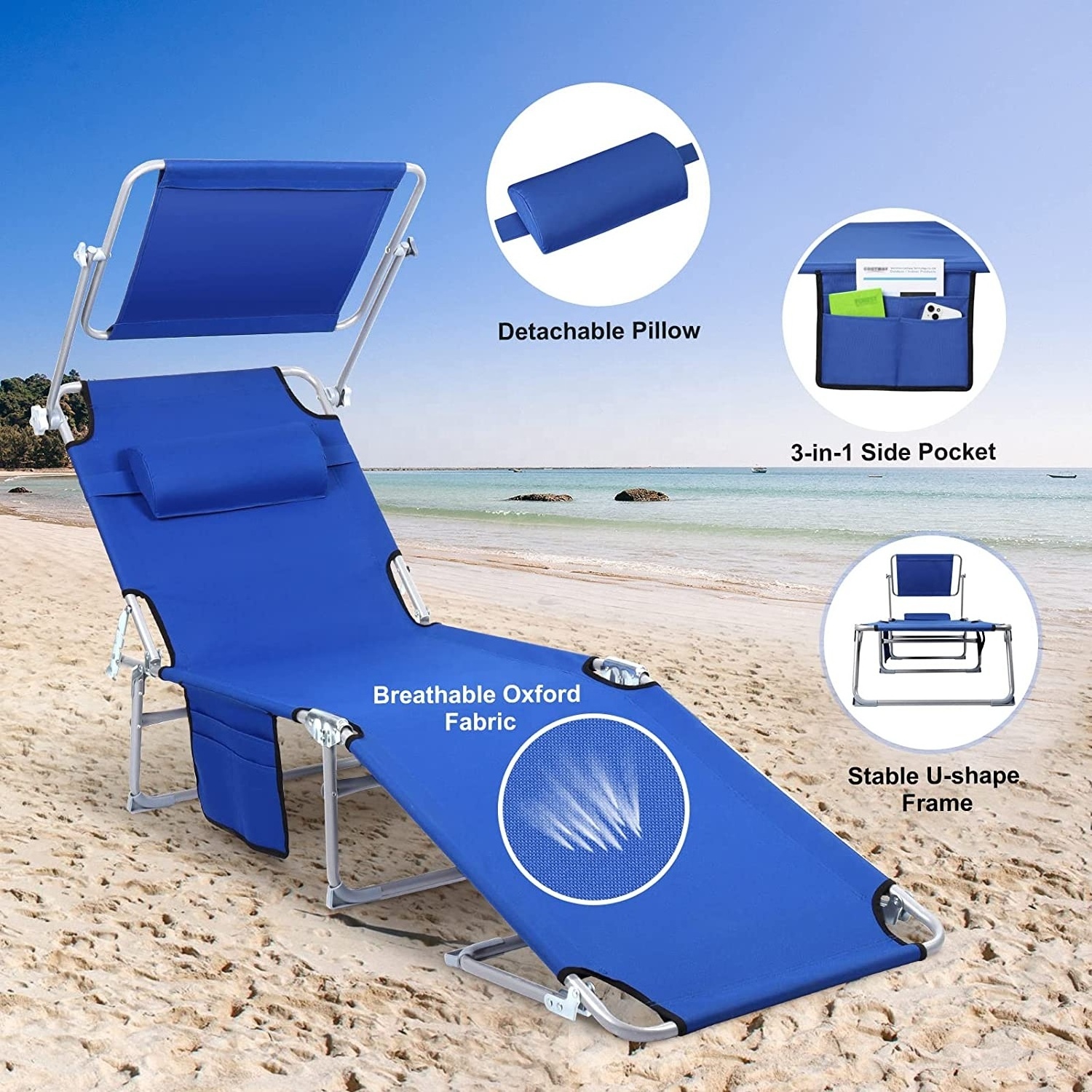 Folding Chaise Lounge Chair Outside Reclining Sunbathing Chairs 5-Position Adjustable Beach Lounger Chair with Canopy Sun Shade