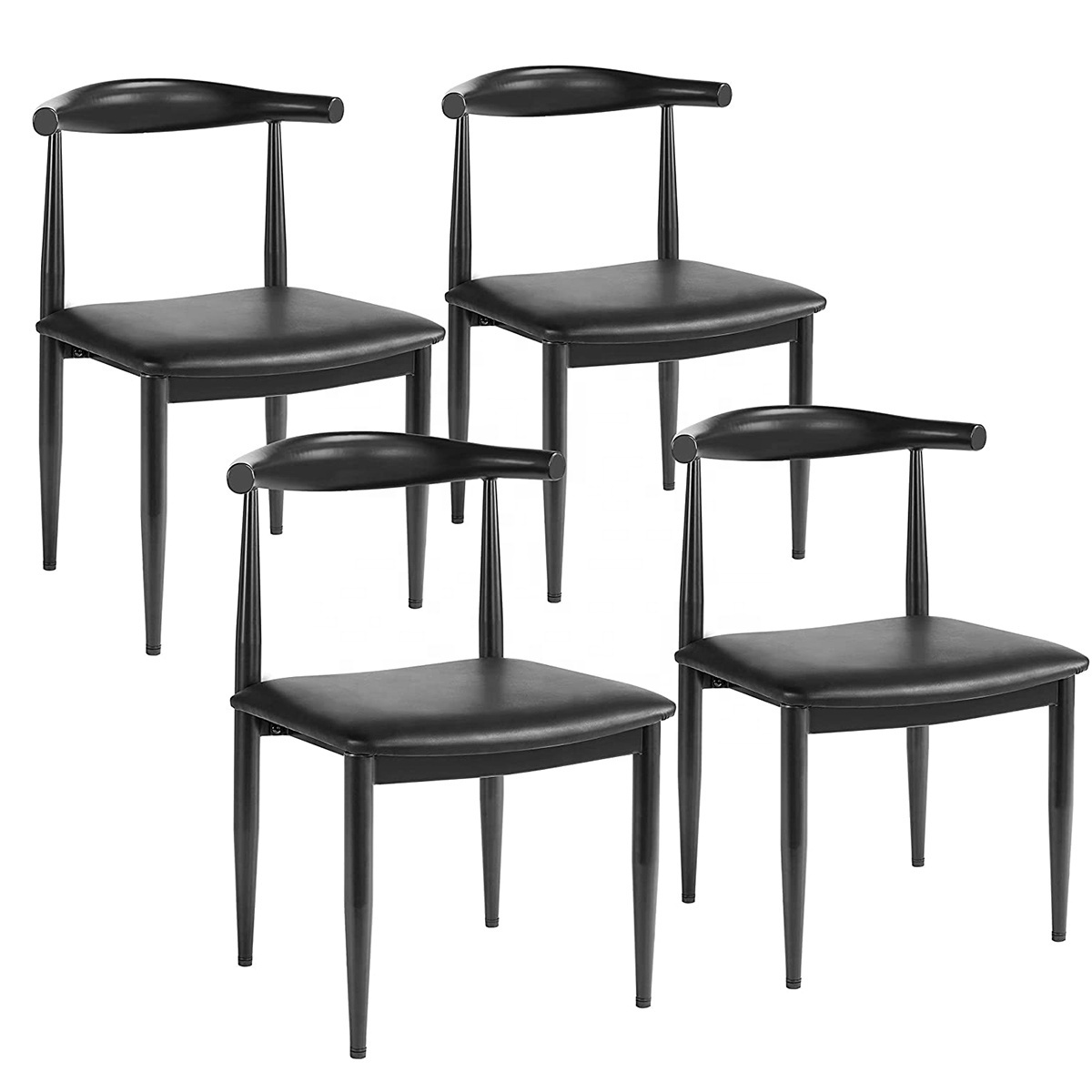 Mid Century Black Dining Chairs Armless Modern Kitchen Chairs with Backrest Metal Legs Fabric Leather Seat Set of 4