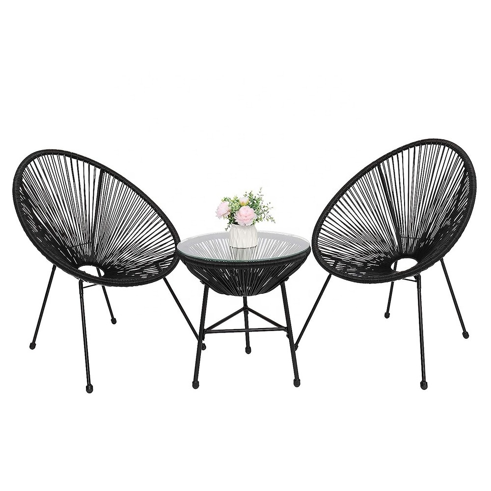 Bistro Set Egg String Chair Table Glass Top Table and 2 Chairs Outdoor Balcony Garden Set Black