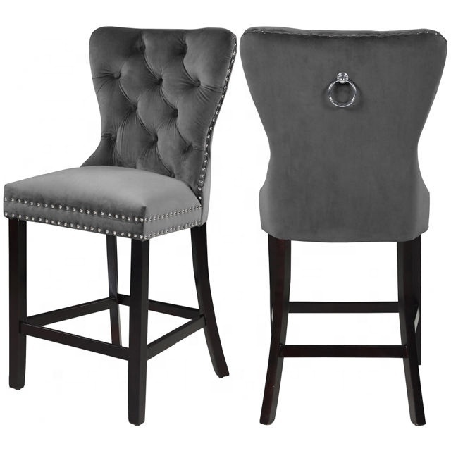 Soft Velvet High Bar Stools Vintage Bar Chair Upholstered Seat Wooden Legs Breakfast Chair for Pub Kitchen Dining Room