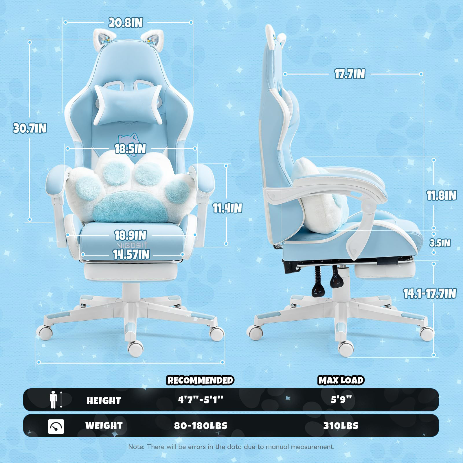 USA High Quality Cute Pink Blue Girls Gaming Chair Comfortable Computer Desk Gaming Chair With Cat Lumbar Pillow And Footrest