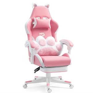 Bolivia Pink Gaming Chair Pink White Leather Home Office Women Girl Cut Cat Gaming Chair Cat Lumbar Pillow Sillas with footrest