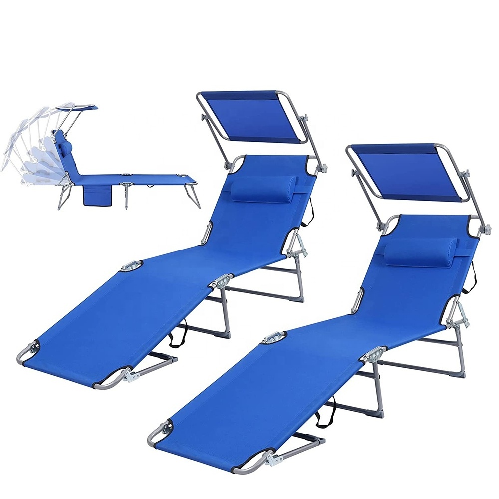 Folding Chaise Lounge Chair Outside Reclining Sunbathing Chairs 5-Position Adjustable Beach Lounger Chair with Canopy Sun Shade