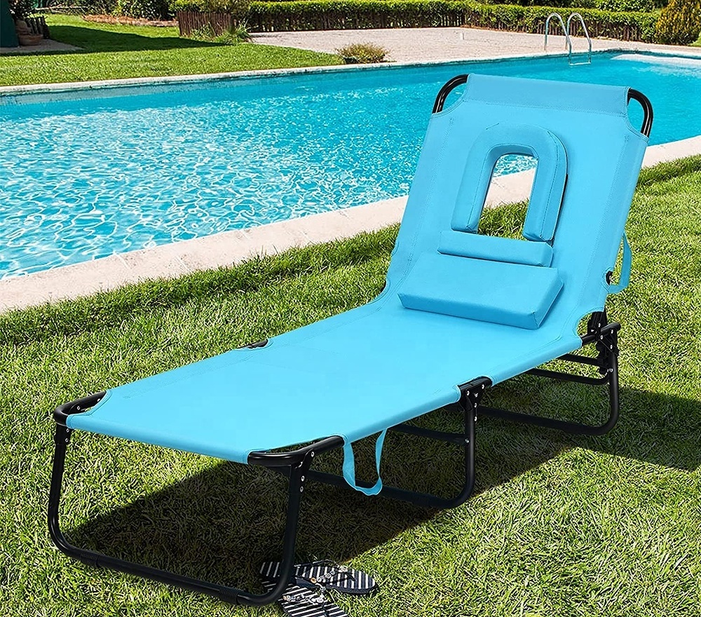 Beach Lounge Chair Sunbathing Chair Patio Lounge Chair Folding Adjustable Recliner with Hole for Face