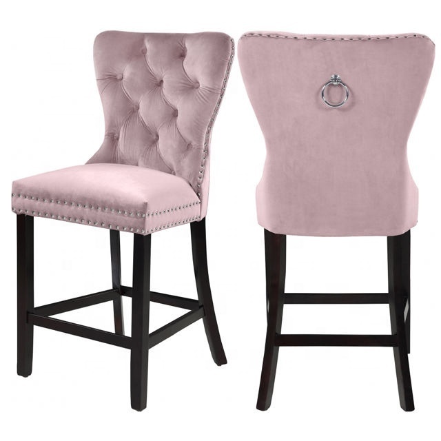 Soft Velvet High Bar Stools Vintage Bar Chair Upholstered Seat Wooden Legs Breakfast Chair for Pub Kitchen Dining Room