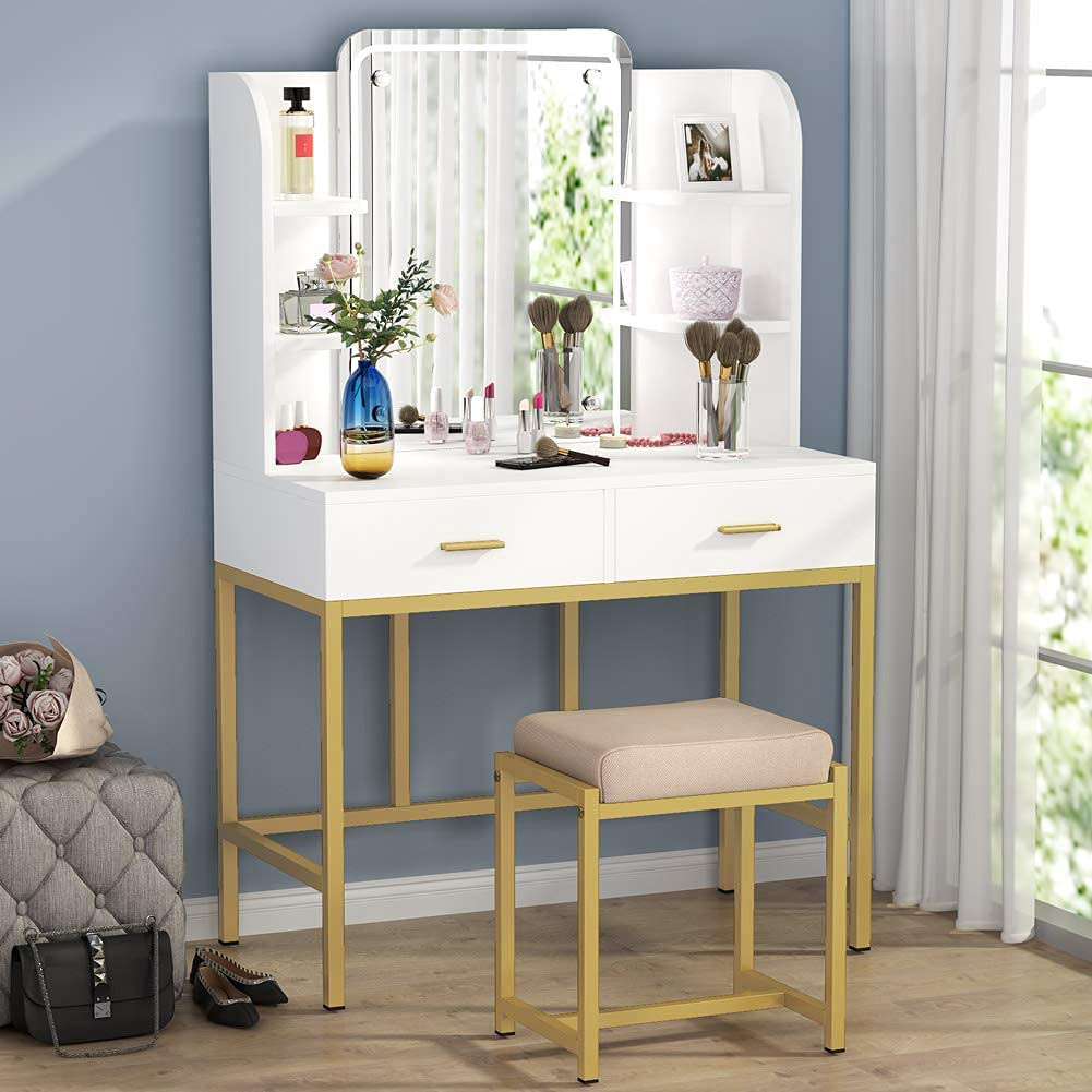 Bedroom  Large LED Lighted Mirror and Cushioned Stool Vanity Dressing Table Desk Dressers Set with Storage Shelves and 2 Drawers