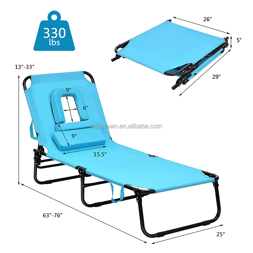 Beach Lounge Chair Sunbathing Chair Patio Lounge Chair Folding Adjustable Recliner with Hole for Face