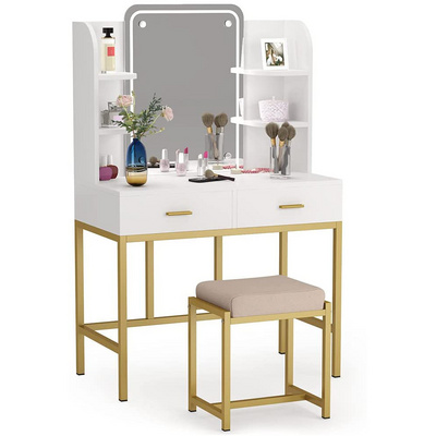 Bedroom  Large LED Lighted Mirror and Cushioned Stool Vanity Dressing Table Desk Dressers Set with Storage Shelves and 2 Drawers