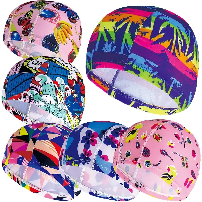 Men Women Fabric Swimming Caps Multi Colors Patterns Printed Swim Pool Water Sports Bathing Hat Elastic swimming cap