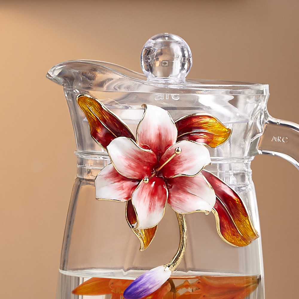 NOSHMAN Unique Design Enamel Lily Flower Double Wall Glass tall Coffee Cup Set Tea Pot 1300ml Kettle Set