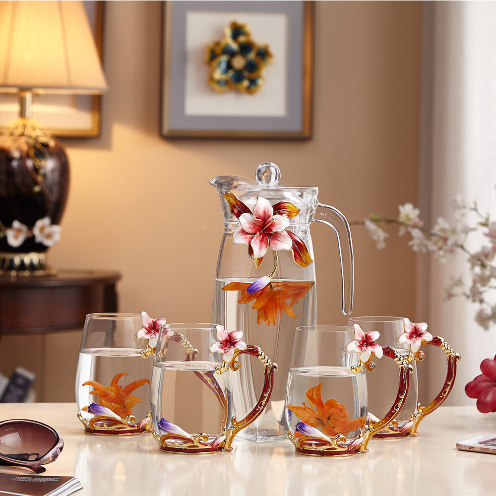 NOSHMAN Unique Design Enamel Lily Flower Double Wall Glass tall Coffee Cup Set Tea Pot 1300ml Kettle Set