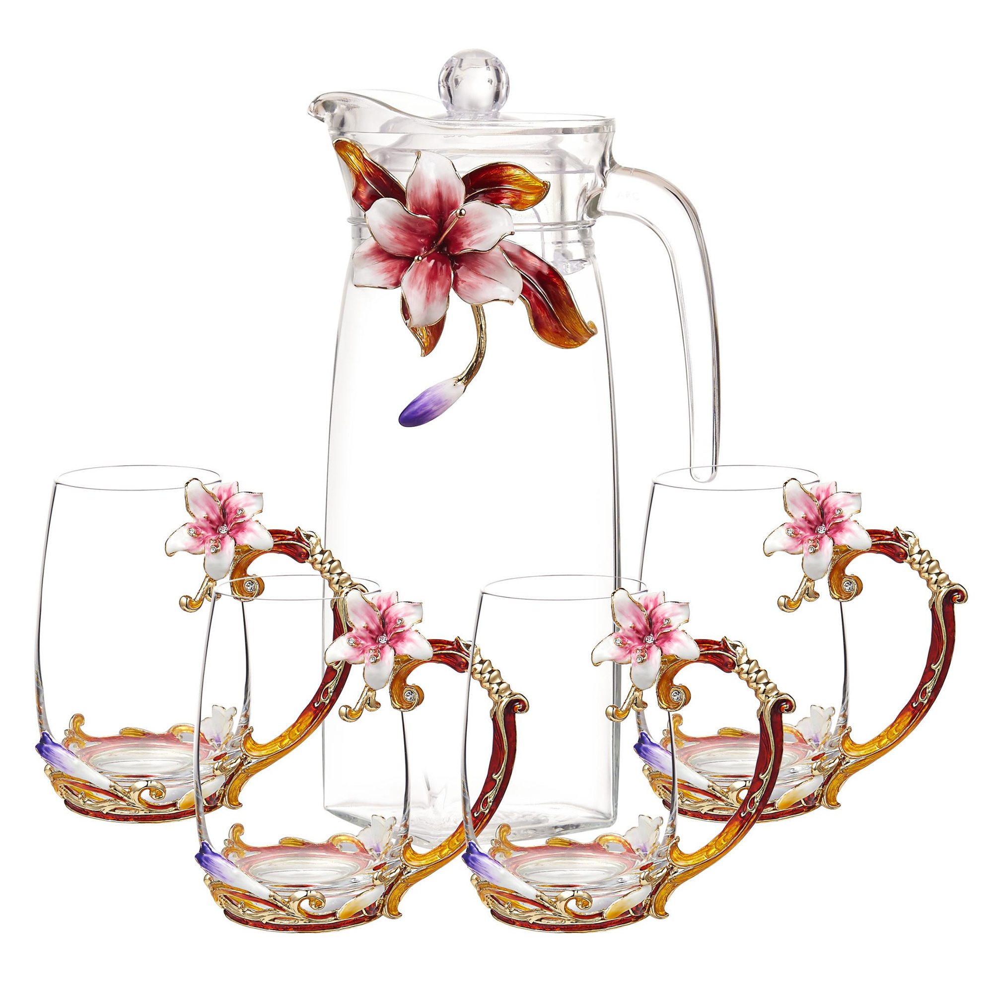 NOSHMAN Unique Design Enamel Lily Flower Double Wall Glass tall Coffee Cup Set Tea Pot 1300ml Kettle Set