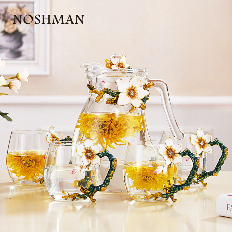 NOSHMAN Wholesale China Enamel Technology Home Decorative Teacup Set Glass Kettle Glass Teapot Glass Tea Set