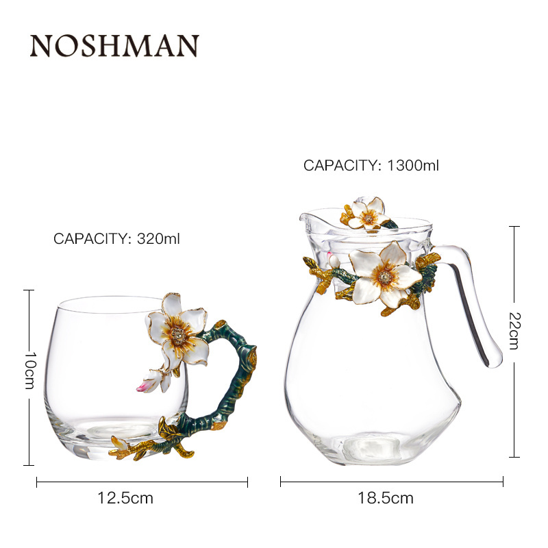 NOSHMAN Wholesale China Enamel Technology Home Decorative Teacup Set Glass Kettle Glass Teapot Glass Tea Set