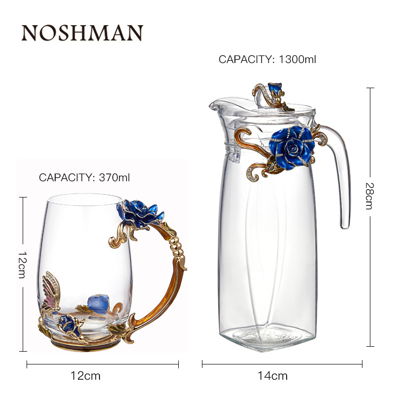 NOSHMAN Heat Resistant Glass Teapot Kettle 4 Cups France Enamel Blue Rose Flower Butterfly Decoration Glass Tea Cup Set Tea Sets