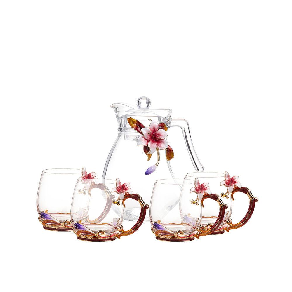 Hand printed Enamel Oem Lily Flower Glass Coffee Cup Set Transparent Tea Pot Set 5 pcs with 1300ml Kettle