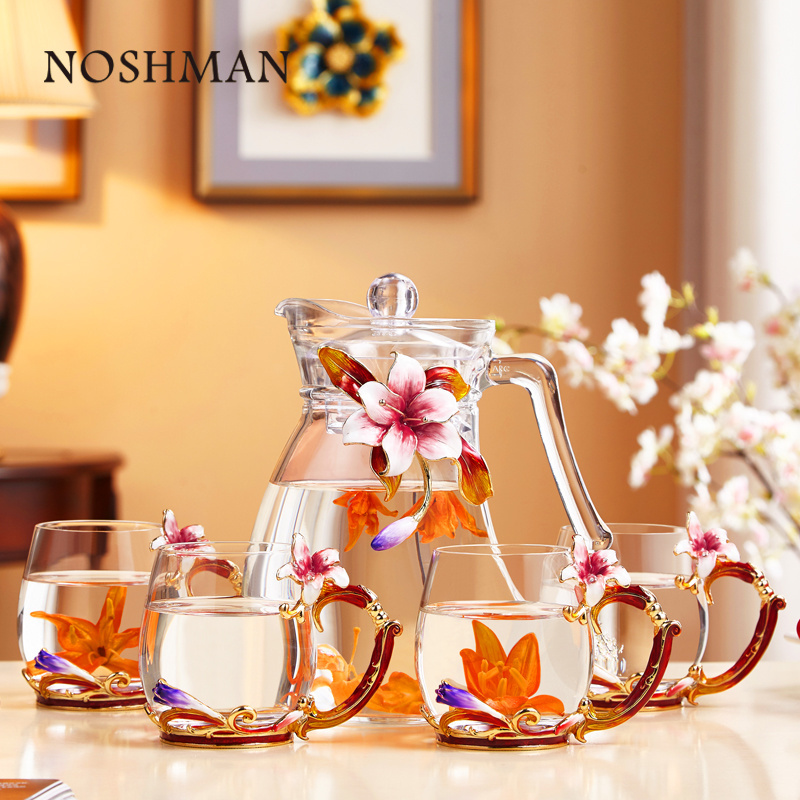 Hand printed Enamel Oem Lily Flower Glass Coffee Cup Set Transparent Tea Pot Set 5 pcs with 1300ml Kettle