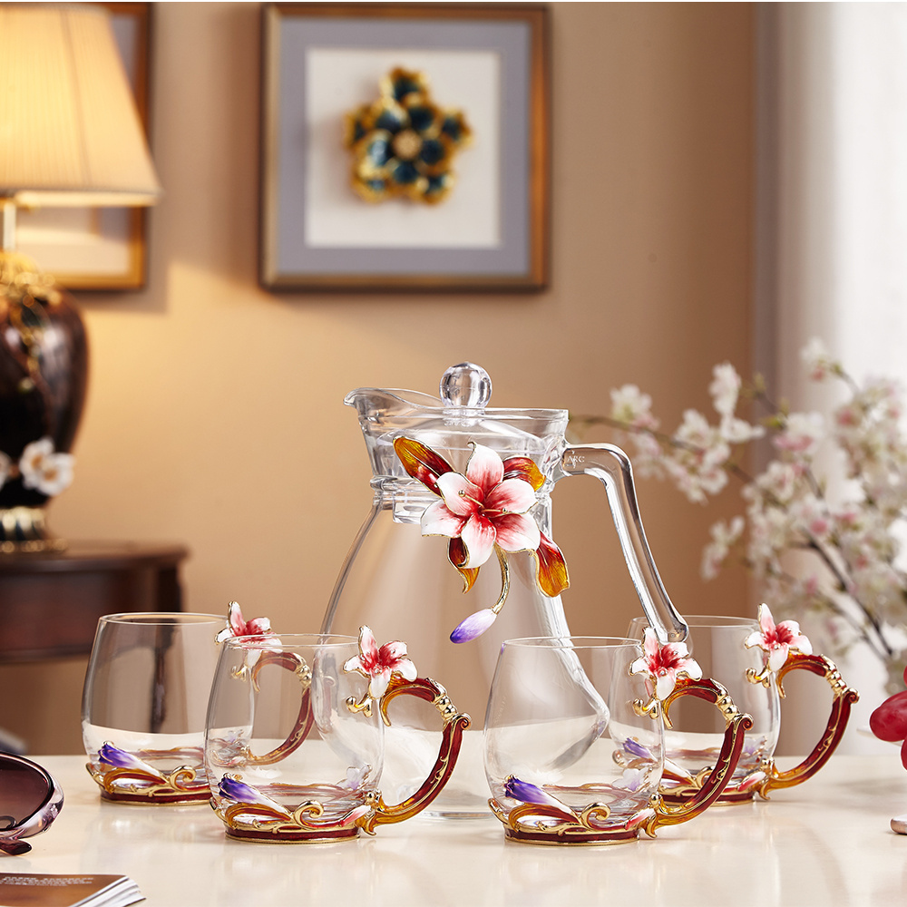 Hand printed Enamel Oem Lily Flower Glass Coffee Cup Set Transparent Tea Pot Set 5 pcs with 1300ml Kettle