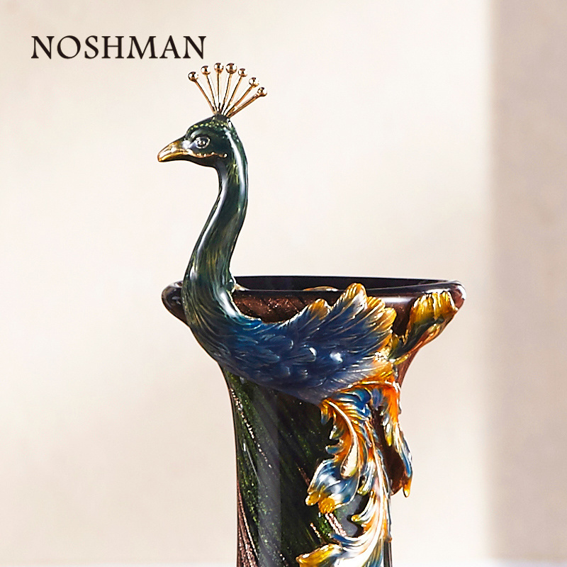 NOSHMAN Hot florero de vidrio Christmas Gifts Hand Painted Peacock Bottle Household Ornament Colorful Enamel Glass Vase