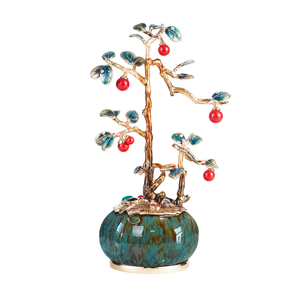 Chinese Traditional Alloy Hand-painted Enamel Prosperous Basin Money Tree Sculpture Tree Household Ornaments