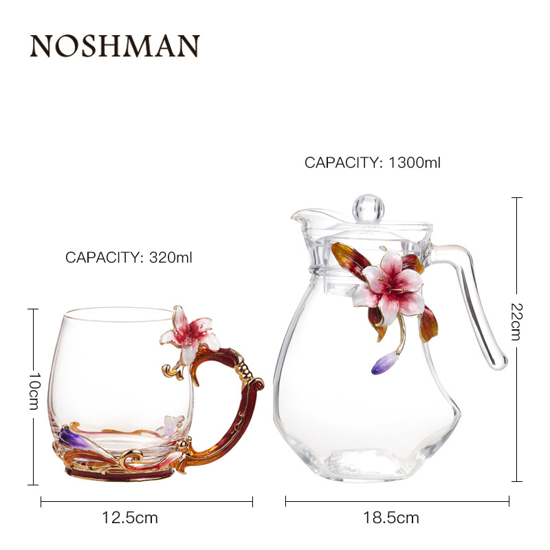 Hand printed Enamel Oem Lily Flower Glass Coffee Cup Set Transparent Tea Pot Set 5 pcs with 1300ml Kettle