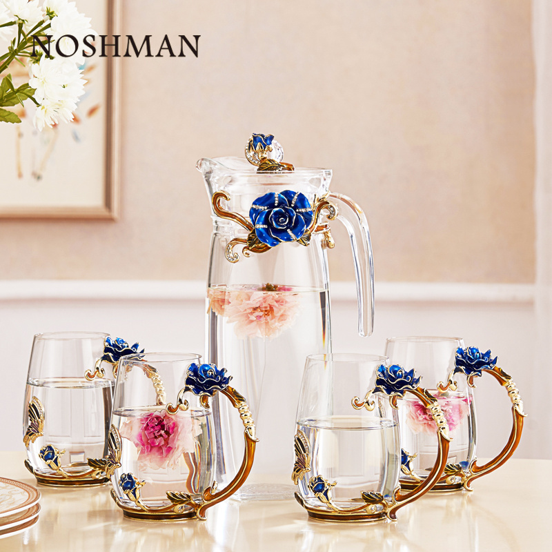 NOSHMAN Heat Resistant Glass Teapot Kettle 4 Cups France Enamel Blue Rose Flower Butterfly Decoration Glass Tea Cup Set Tea Sets