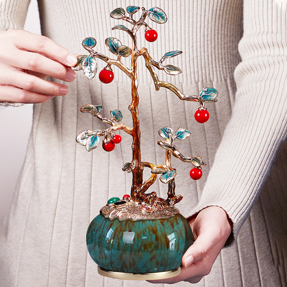 Chinese Traditional Alloy Hand-painted Enamel Prosperous Basin Money Tree Sculpture Tree Household Ornaments