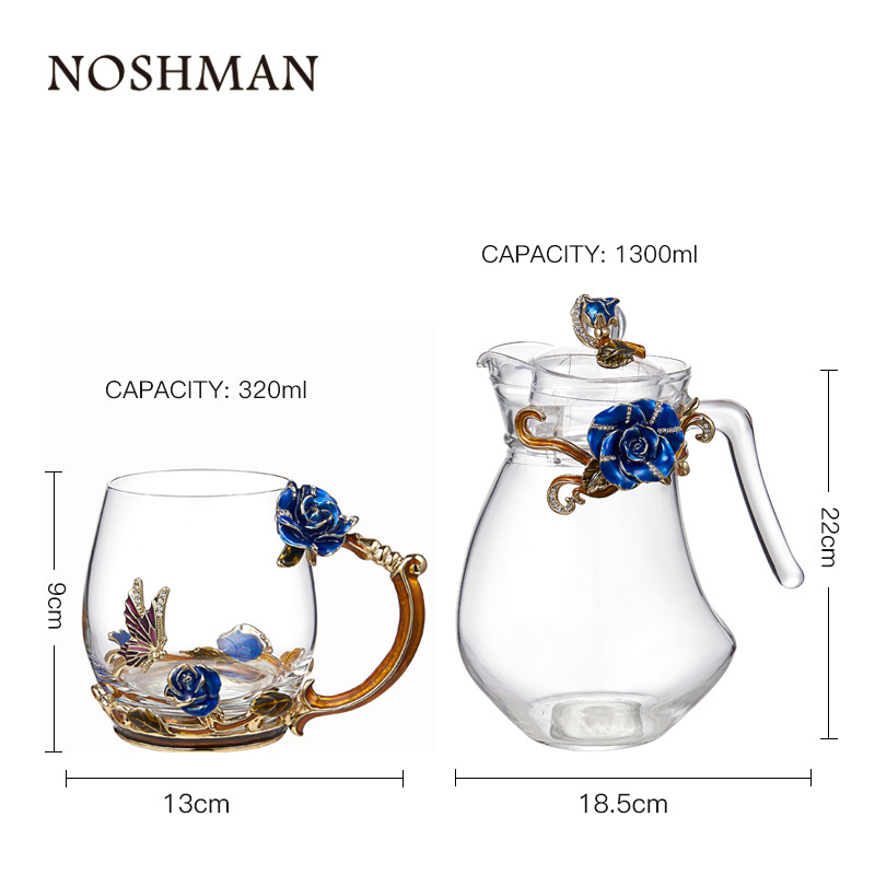 NOSHMAN Heat Resistant Glass Teapot Kettle 4 Cups France Enamel Blue Rose Flower Butterfly Decoration Glass Tea Cup Set Tea Sets