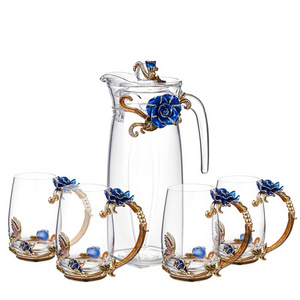 NOSHMAN Heat Resistant Glass Teapot Kettle 4 Cups France Enamel Blue Rose Flower Butterfly Decoration Glass Tea Cup Set Tea Sets