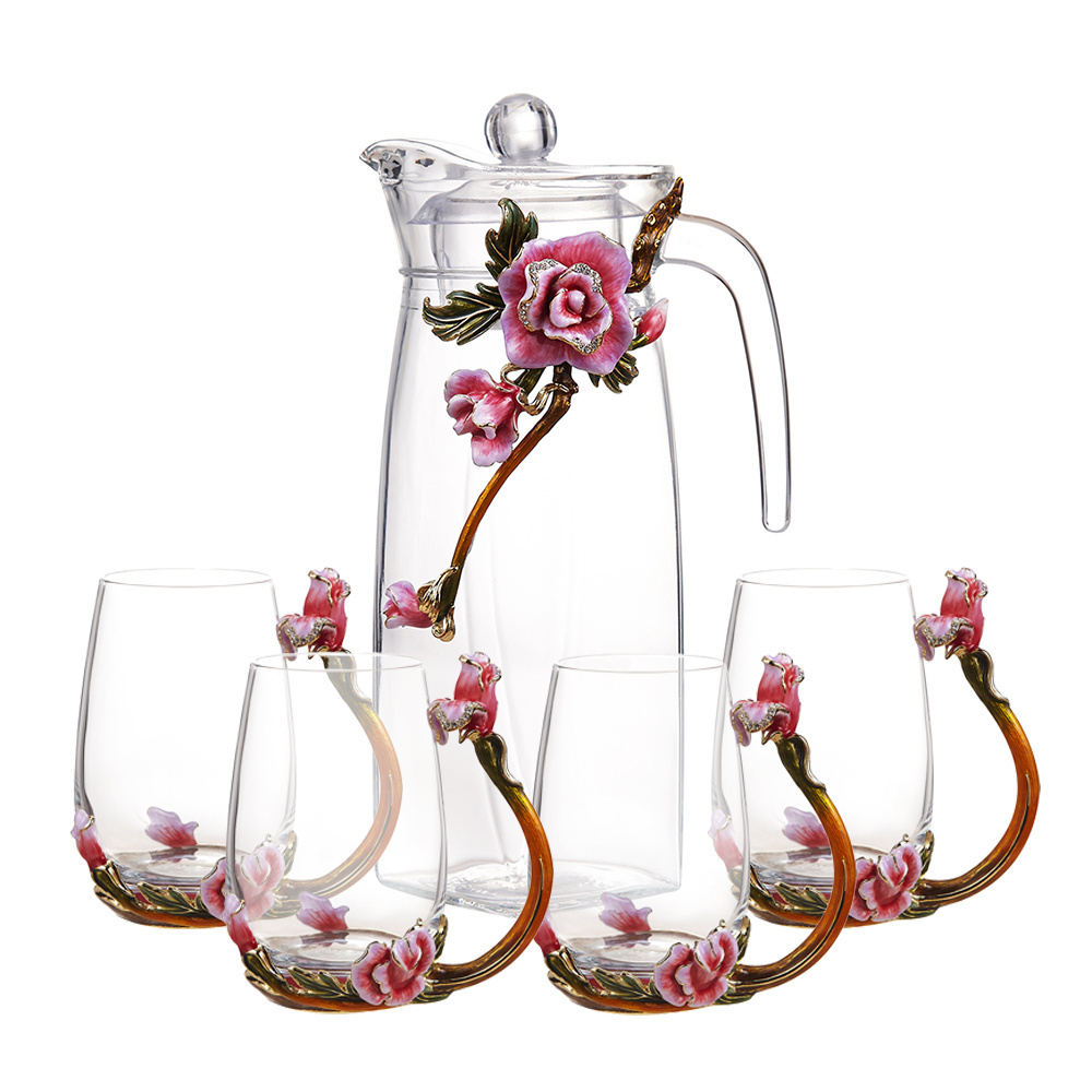 NOSHMAN Modern Transparent Flower Creative 1300ML Kettle and 370ML Clear Crystal Glass Tea Cup Spoon Set 5PCS For Gift Present