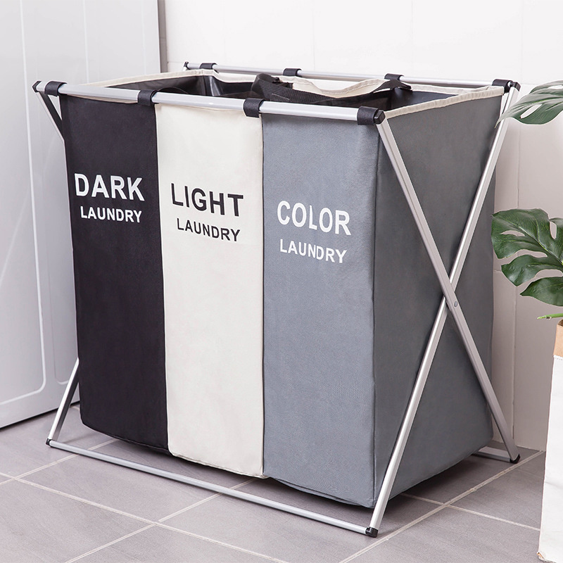 Laundry Basket 3 compartments Hamper Clothes Bin Organiser Folding Light Dark Colour 3 Section