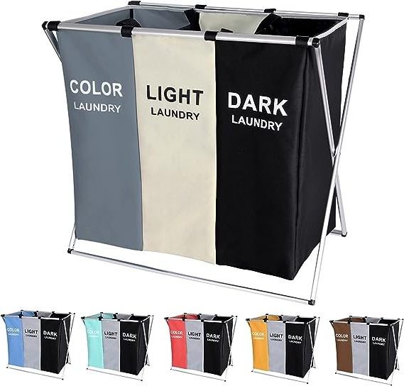 Laundry Basket 3 compartments Hamper Clothes Bin Organiser Folding Light Dark Colour 3 Section