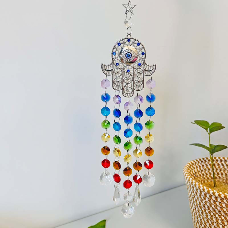 Colorful Faceted Crystal Blue Evil Eye Hamsa Hand Hanging Chandelier Prism Sun Catcher Rainbow Maker Wall Hanging Decor