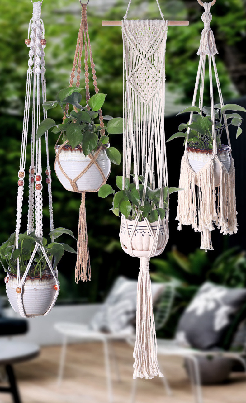 Wholesale Handwoven Macrame Cotton Outdoor Hanging Plant Holder Hangers With Wood Home Decorations