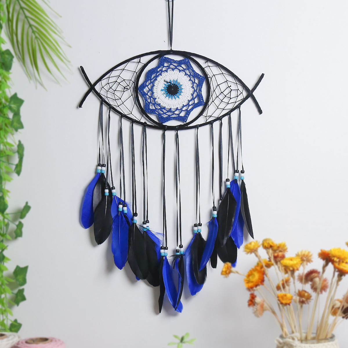 Wholesale Handmade Bohemian White Blue Feather Evil Eye Dream Catcher Craft Ornament Home Wall Hanging Decor