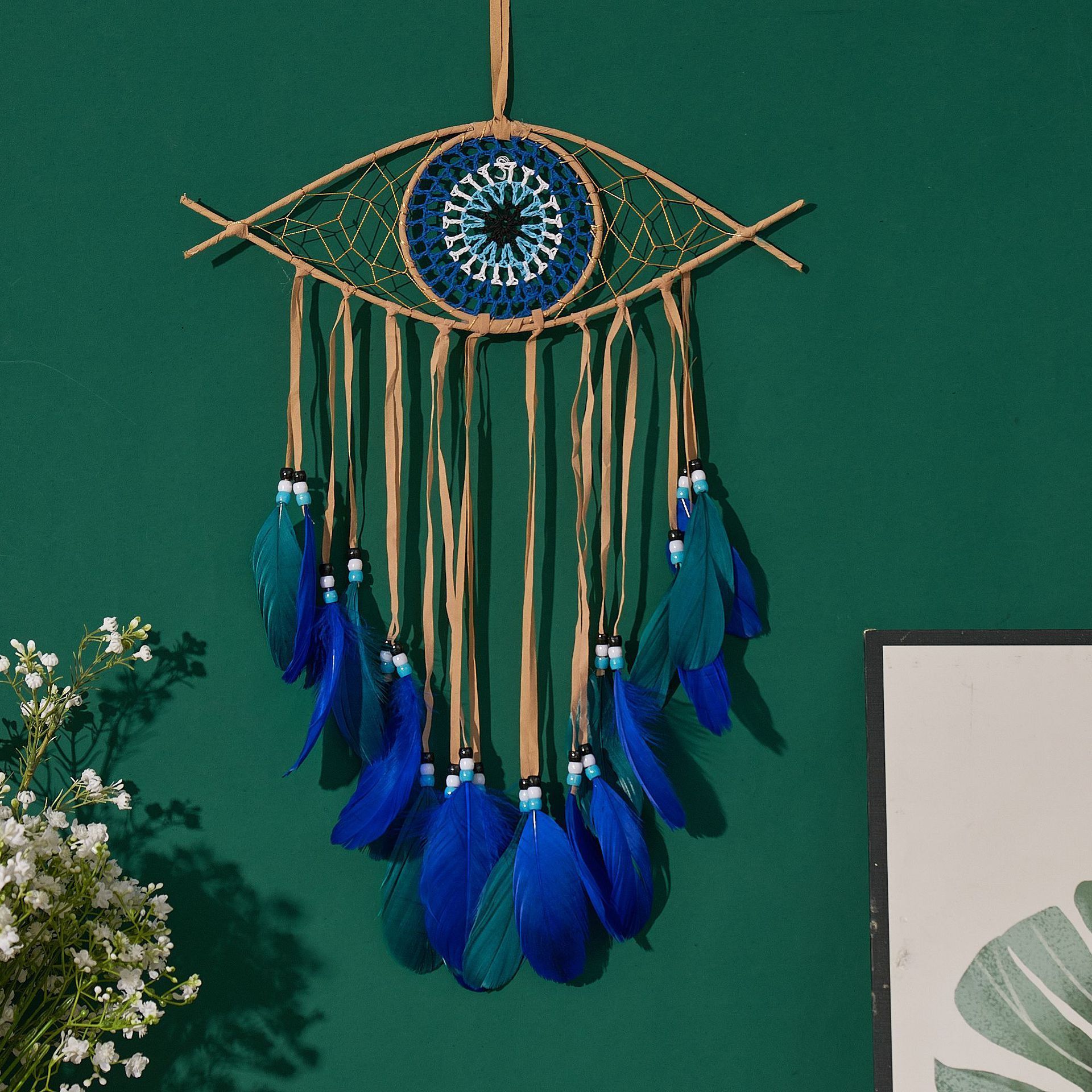 Nordic Macrame Evil Eye Boho White Blue Feather Dream Catcher Wall Hanging For Bedroom Home Decor