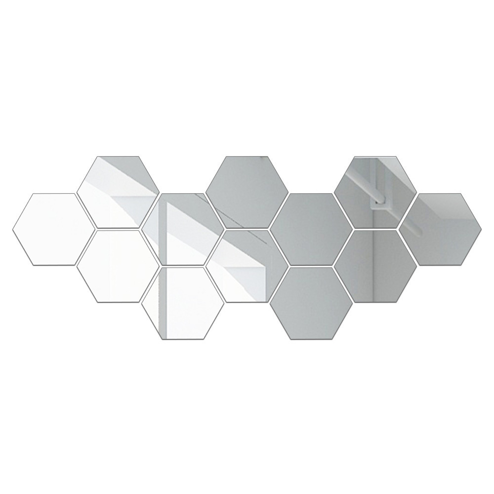 12 Pcs Set 3D Hexagon Adhesive Acrylic Mirror Wall Sticker Acrylic Mirror  For Living Room Entrance Hallway