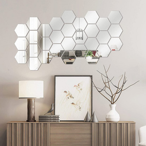 12 Pcs Set 3D Hexagon Adhesive Acrylic Mirror Wall Sticker Acrylic Mirror  For Living Room Entrance Hallway