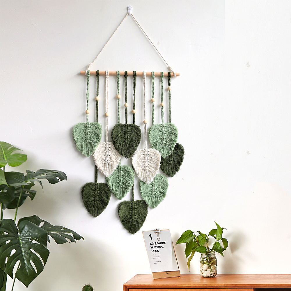 Boho Crochet Home Decor Handmade Cotton Macrame Green Leaf Wall Hanging Tapestry Large For Bedroom Living Room