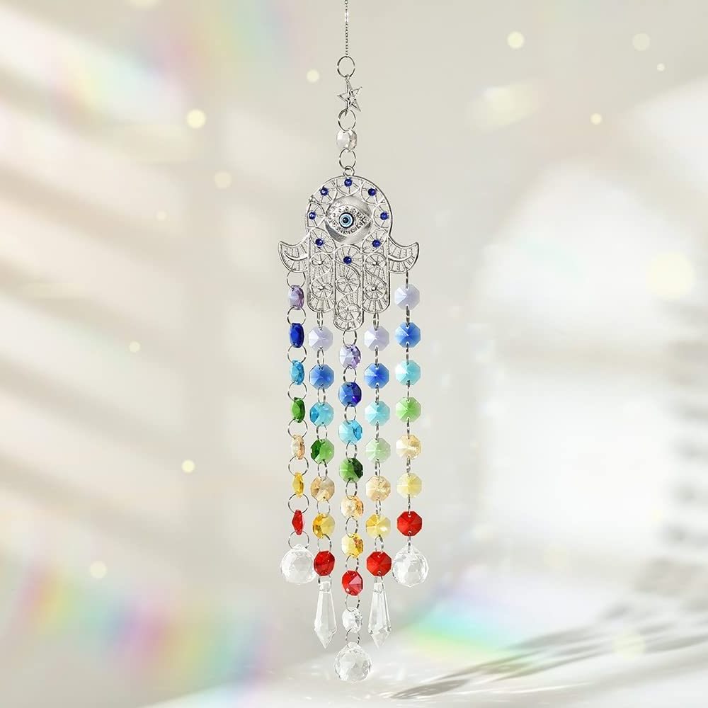 Colorful Faceted Crystal Blue Evil Eye Hamsa Hand Hanging Chandelier Prism Sun Catcher Rainbow Maker Wall Hanging Decor