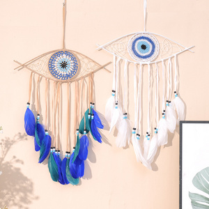 Nordic Macrame Evil Eye Boho White Blue Feather Dream Catcher Wall Hanging For Bedroom Home Decor