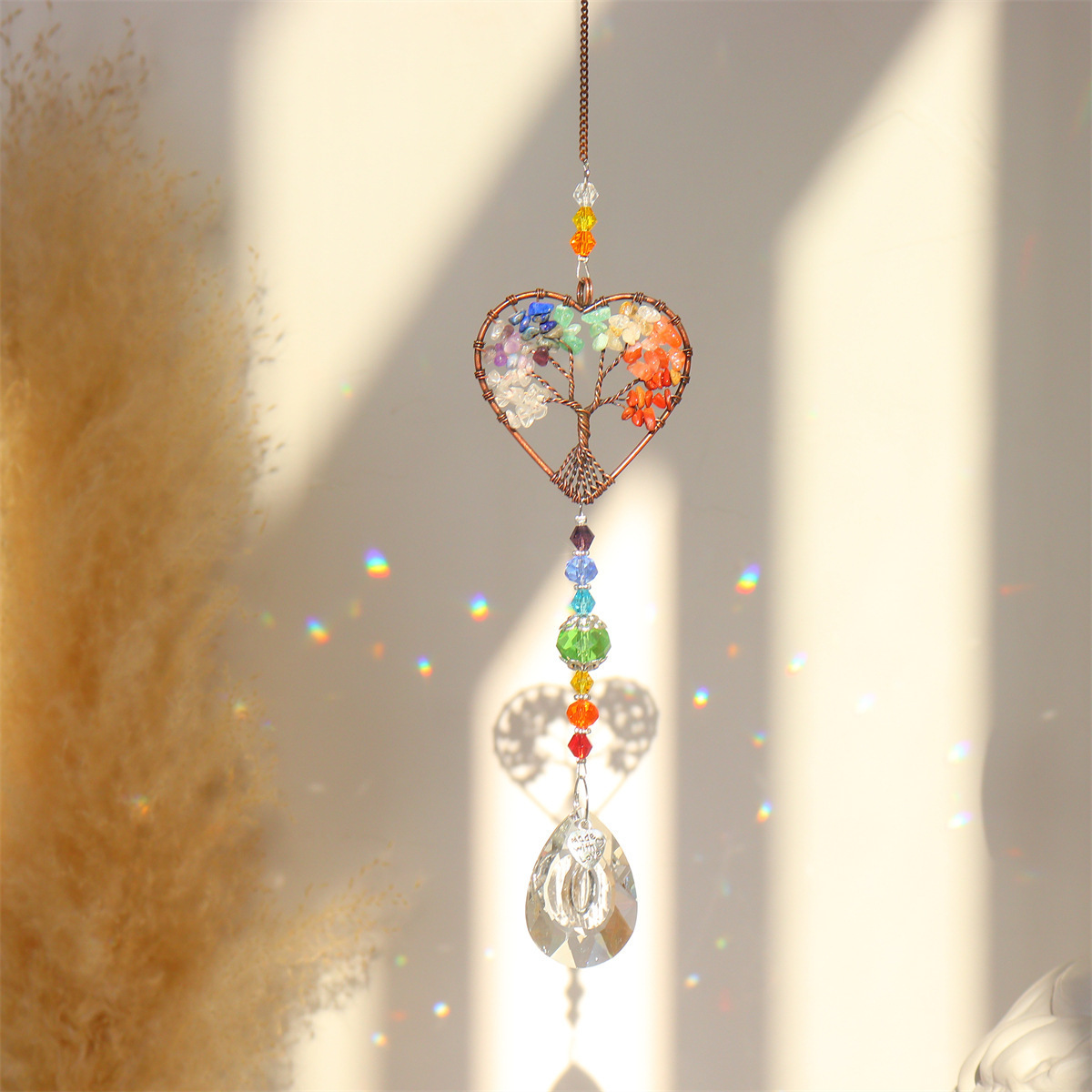 Boho Love k9 Crystal Decor 7 Charka Tree Of Life Stained Glass Suncatcher Heart Prism Gold Plated For Window