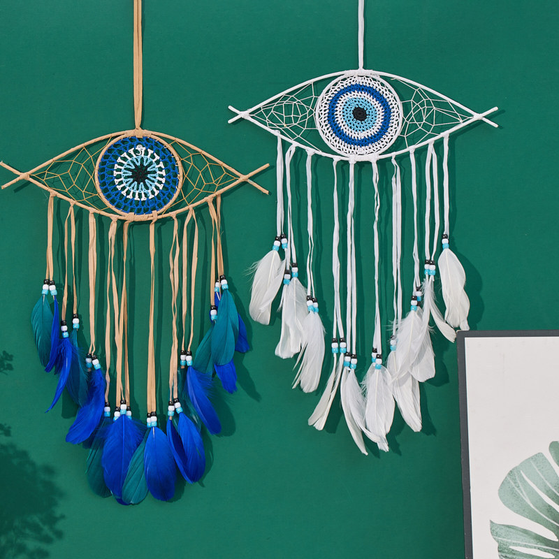 Nordic Macrame Evil Eye Boho White Blue Feather Dream Catcher Wall Hanging For Bedroom Home Decor