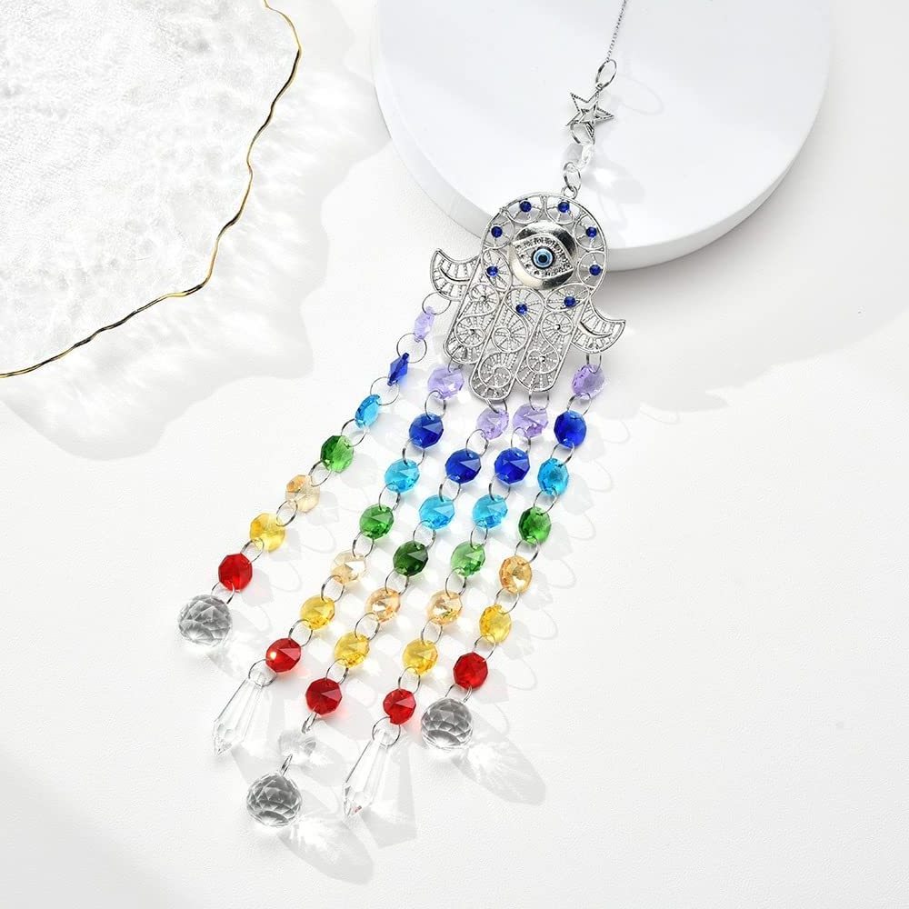 Colorful Faceted Crystal Blue Evil Eye Hamsa Hand Hanging Chandelier Prism Sun Catcher Rainbow Maker Wall Hanging Decor